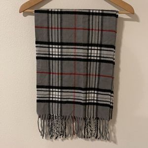 Gray Nova Check Plaid Cashmere Feel Fringe Scarf 72x12”